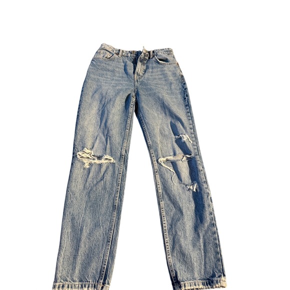 Zara Denim - Zara High Waisted Distressed Straight Leg Jeans Light Wash Blue Size 4